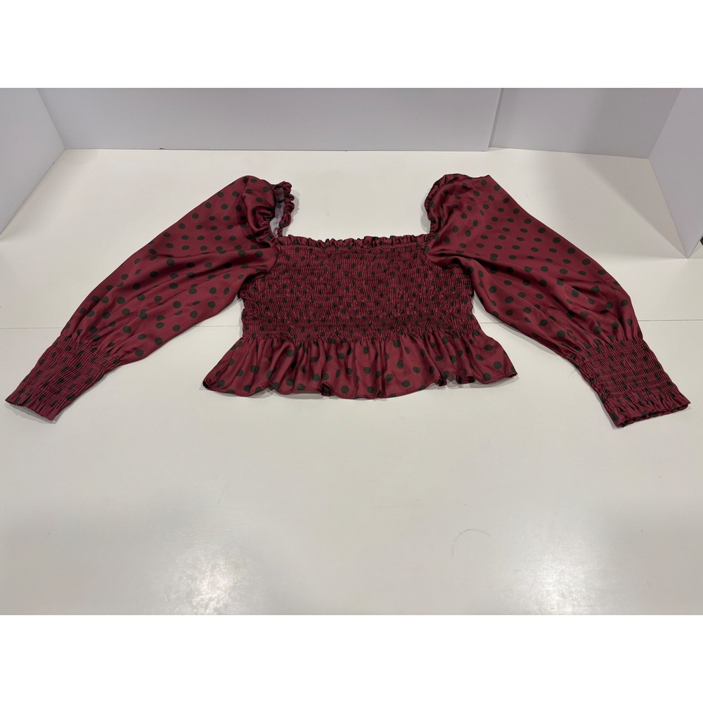 Zara Women Burgundy Polka Dot Smocked Off Shoulder Crop Top Long Puff Sleeve L